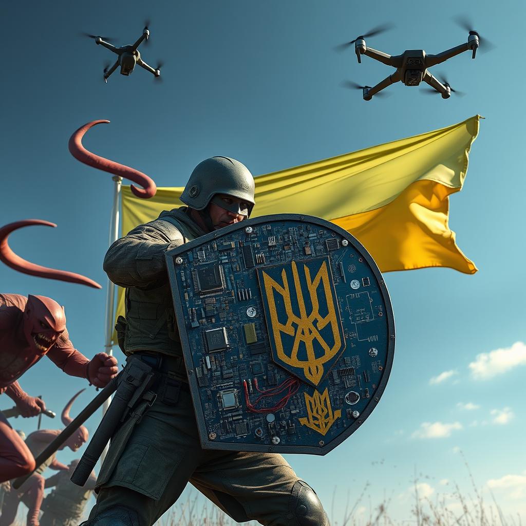 A Ukrainian soldier fiercely defending against attacking red orcs from Lord of the Rings, positioned in a dynamic battle stance