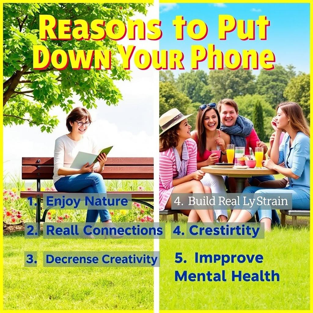 A vibrant and engaging poster titled 'Reasons to Put Down Your Phone'