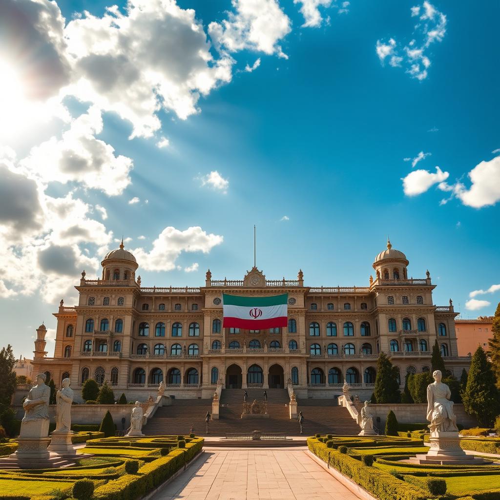A grand palace located in Tehran, featuring stunning architectural details, adorned with the traditional Iranian symbol of the Lion and Sun flag prominently displayed