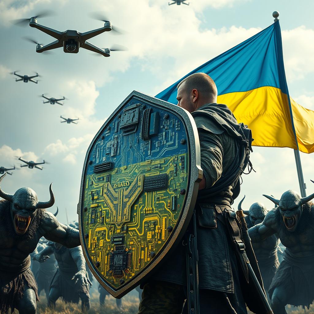 A Ukrainian soldier stands valiantly, protecting against attacking orcs from the Lord of the Rings universe