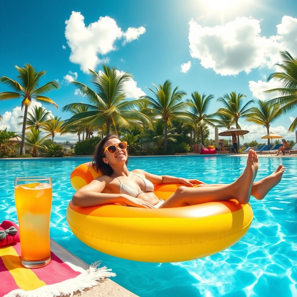 A vibrant and sunny pool scene featuring a person lounging on a colorful inflatable float, surrounded by palm trees and tropical plants