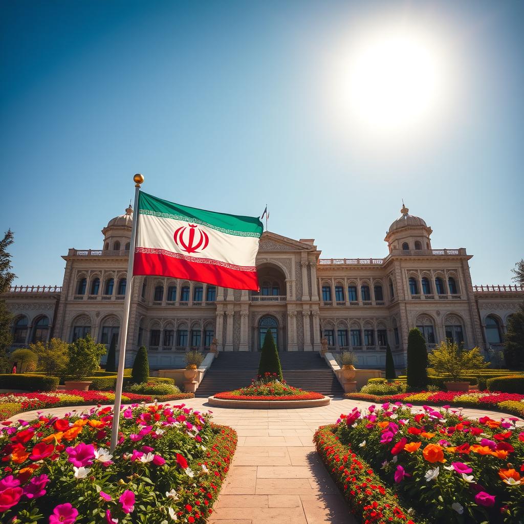 A magnificent palace located in Tehran, prominently featuring the Iranian flag which incorporates the Lion and Sun emblem