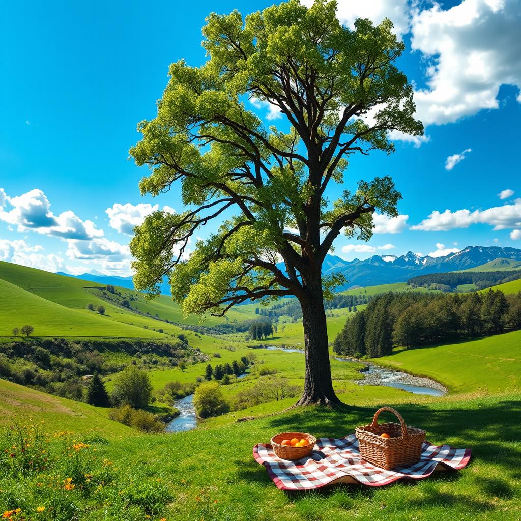 A serene and peaceful landscape featuring a lush green valley with rolling hills, dotted with colorful wildflowers