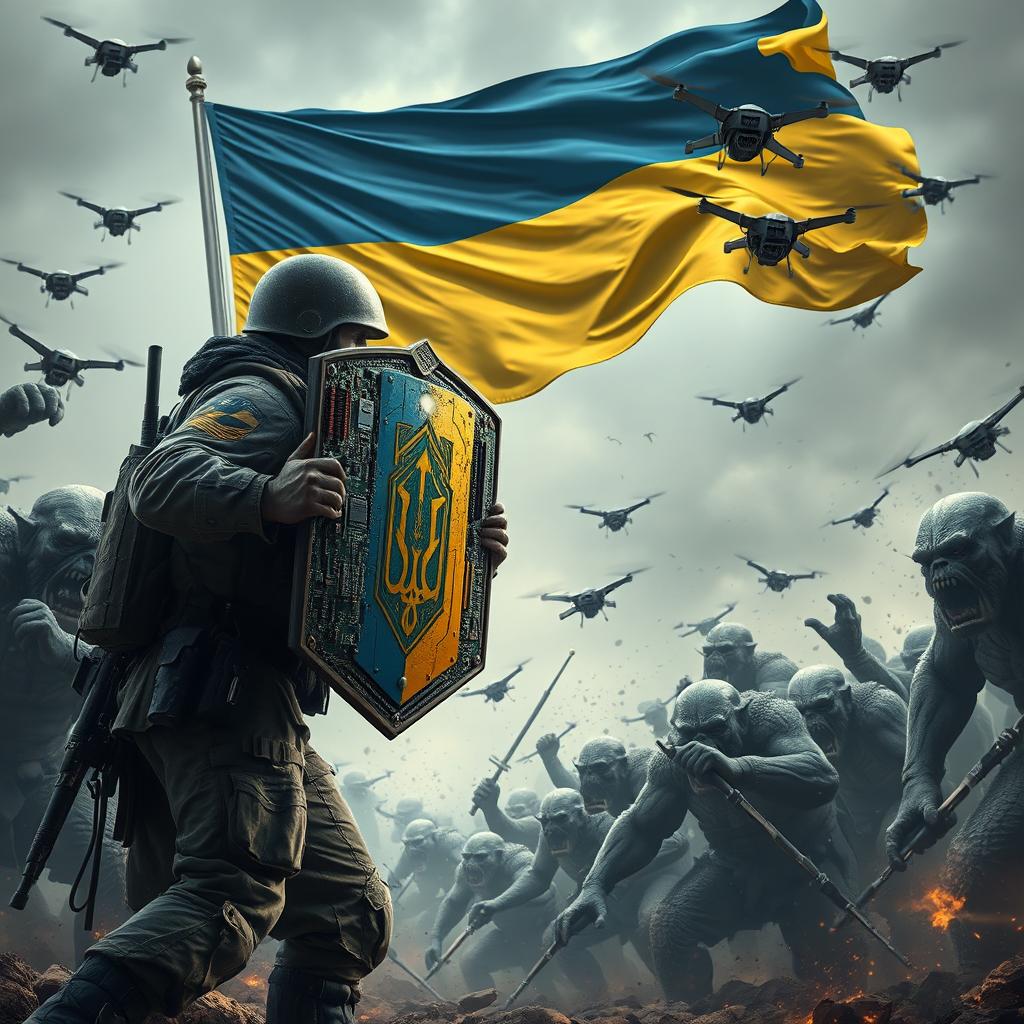 A Ukrainian soldier stands bravely, brandishing a shield made of computer motherboards and intricate circuits, defending against an attacking horde of huge, awkward orcs reminiscent of those from Lord of the Rings
