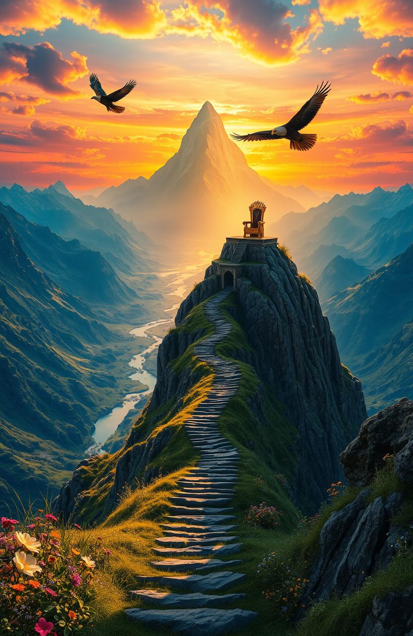 A majestic and breathtaking landscape titled 'Ruler's Ascent', showcasing a grand mountain range under a vast, vibrant sunset sky