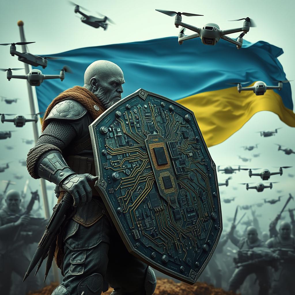 A Ukrainian soldier stands bravely in a defensive pose, using a shield crafted from intricate computer motherboards and circuitry, blocking a massive, awkward orc from the Lord of the Rings