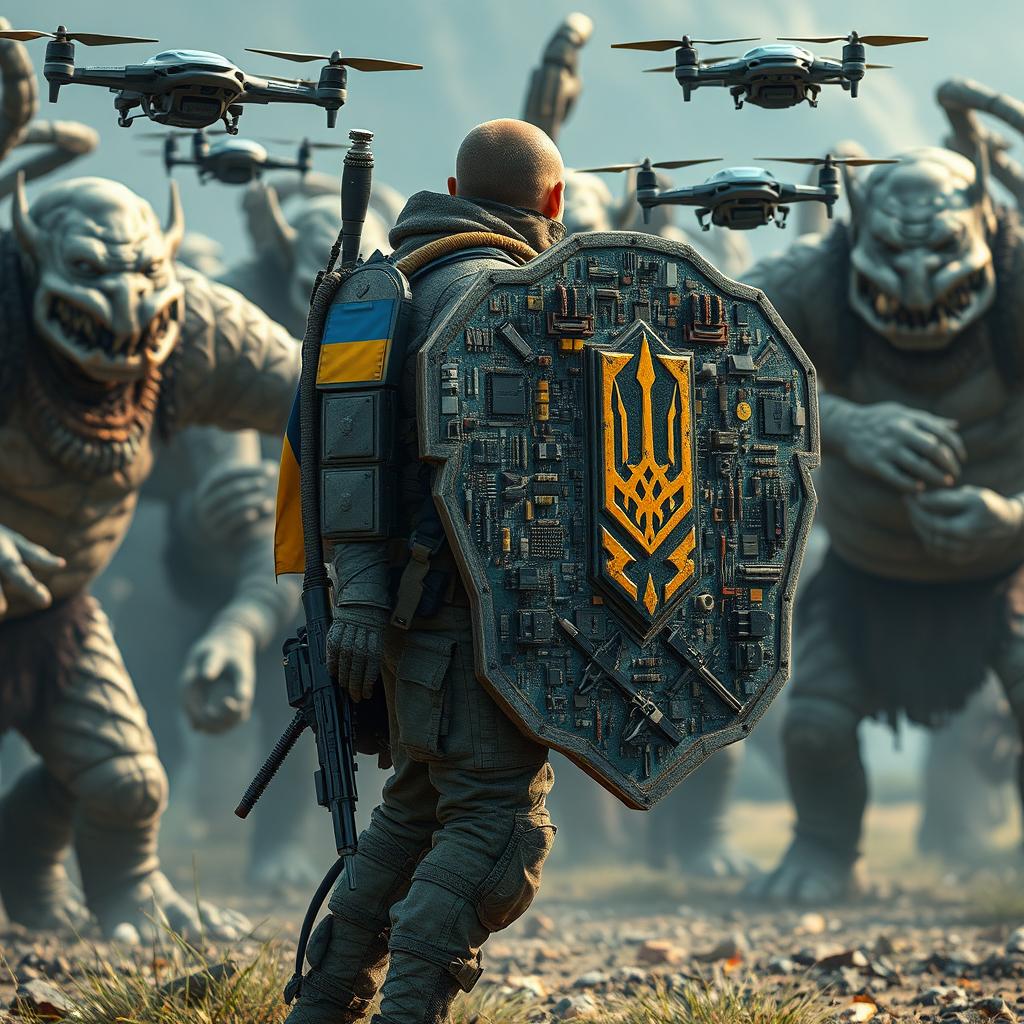 A Ukrainian soldier stands valiantly defending against a horde of huge, awkward orcs inspired by the Lord of the Rings, showcased in a side view