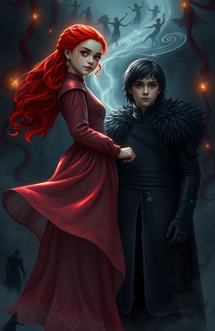 A striking scene in the underworld featuring a girl with vibrant red hair, resembling Sansa Stark, and a boy with dark black hair, resembling Jon Snow