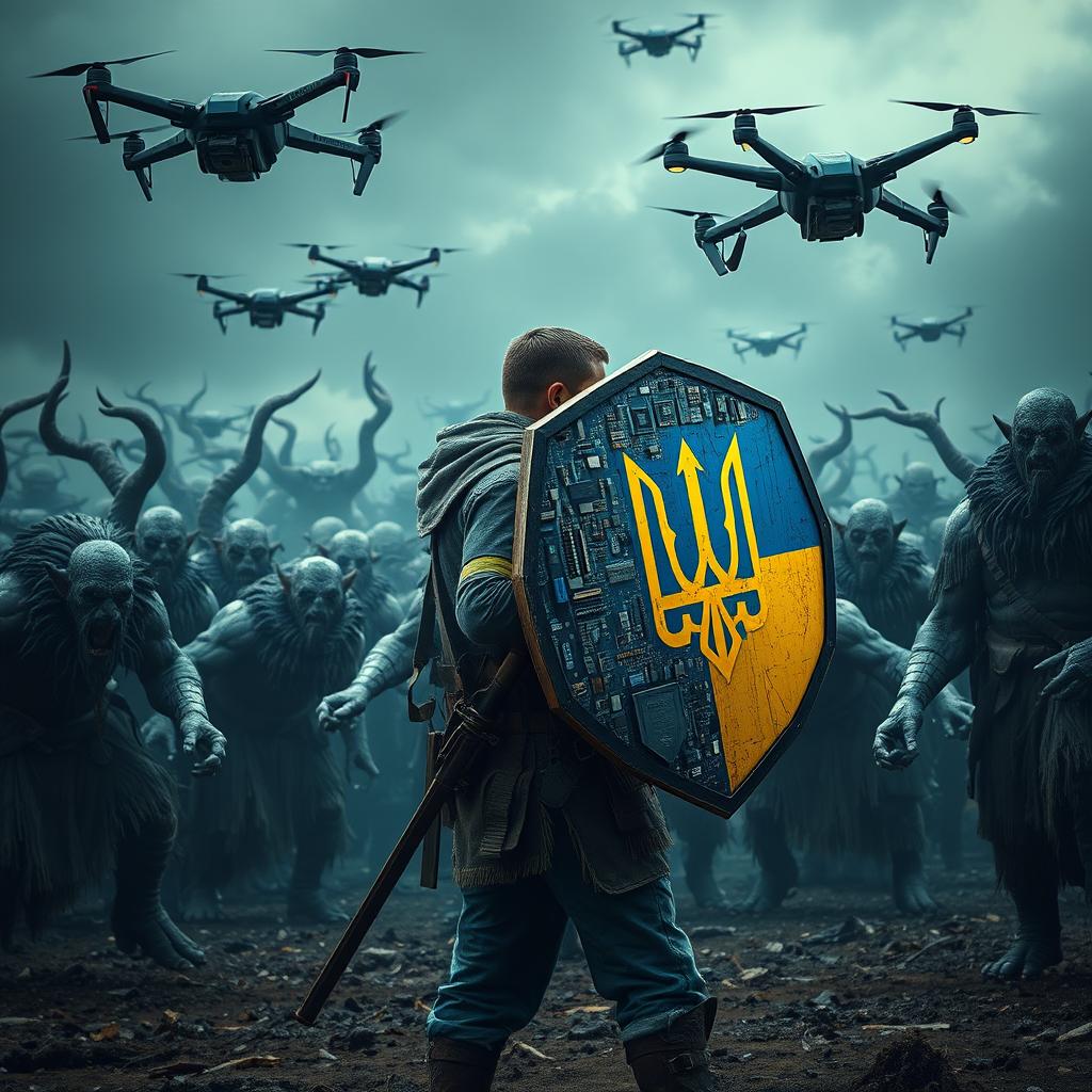 A Ukrainian soldier stands bravely in a defensive stance, protecting against a horde of gigantic ogres and orcs inspired by 'The Lord of the Rings'