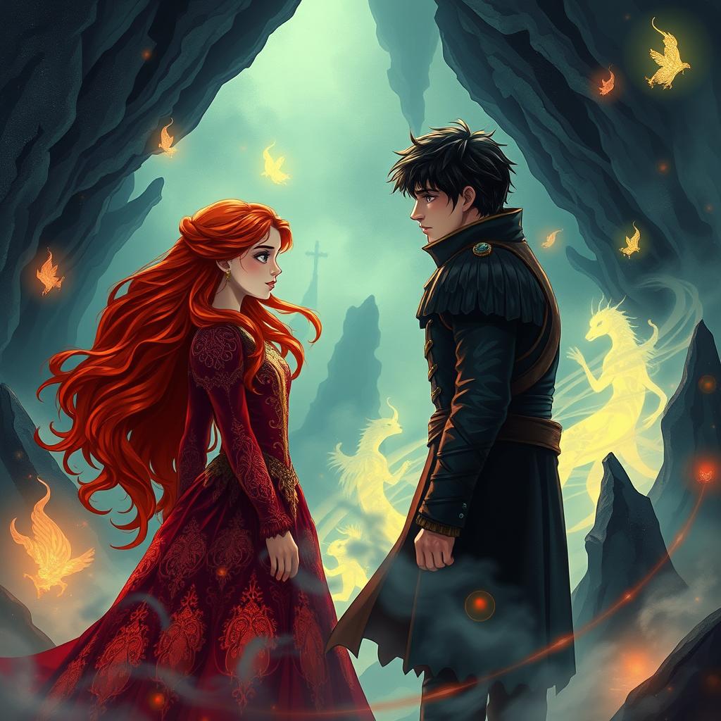 A vivid fanart depiction of a red-haired girl resembling Sansa Stark and a black-haired boy resembling Jon Snow in a fantastical underworld setting