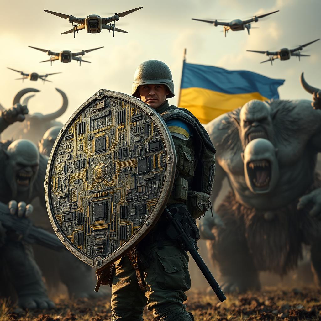 A brave Ukrainian soldier stands defiantly against a backdrop of furious orcs and enormous ogres, inspired by the mythical ambiance of Middle-earth