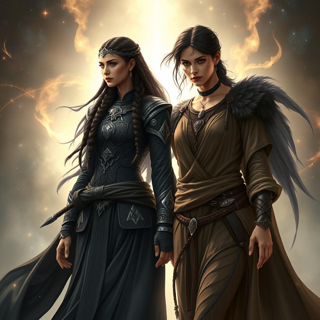 An enchanting depiction of two powerful goddesses, Melinoe and Macaria, inspired by characters resembling Lexa from 'The 100' and Arya Stark