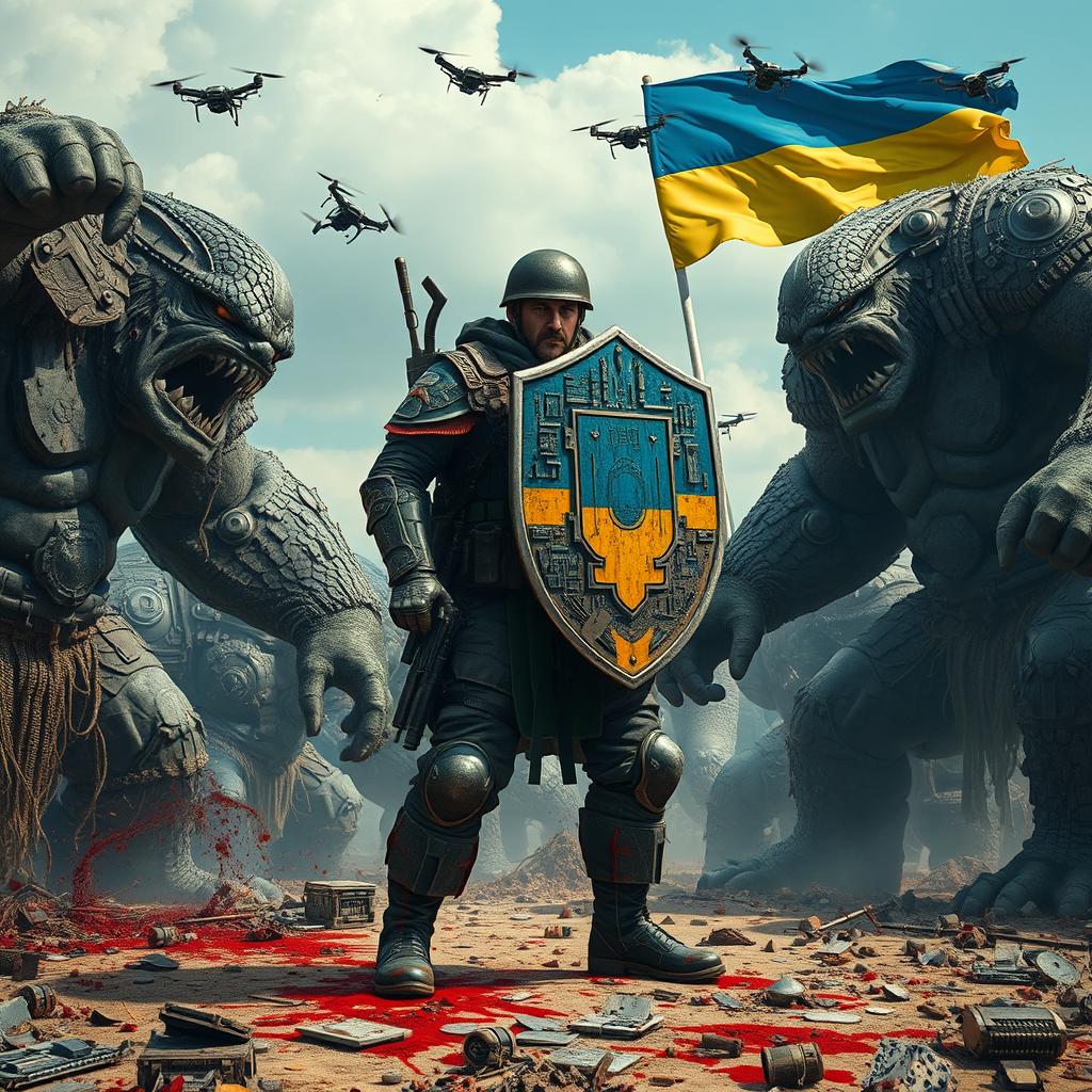 A Ukrainian soldier stands valiantly, bracing against a fierce attack from huge, angry orc-like ogres inspired by the Lord of the Rings
