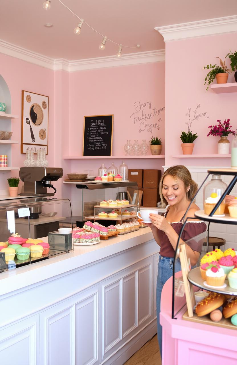 An inviting dessert shop interior with a cozy and cheerful atmosphere, showcasing a tantalizing display of colorful pastries and desserts