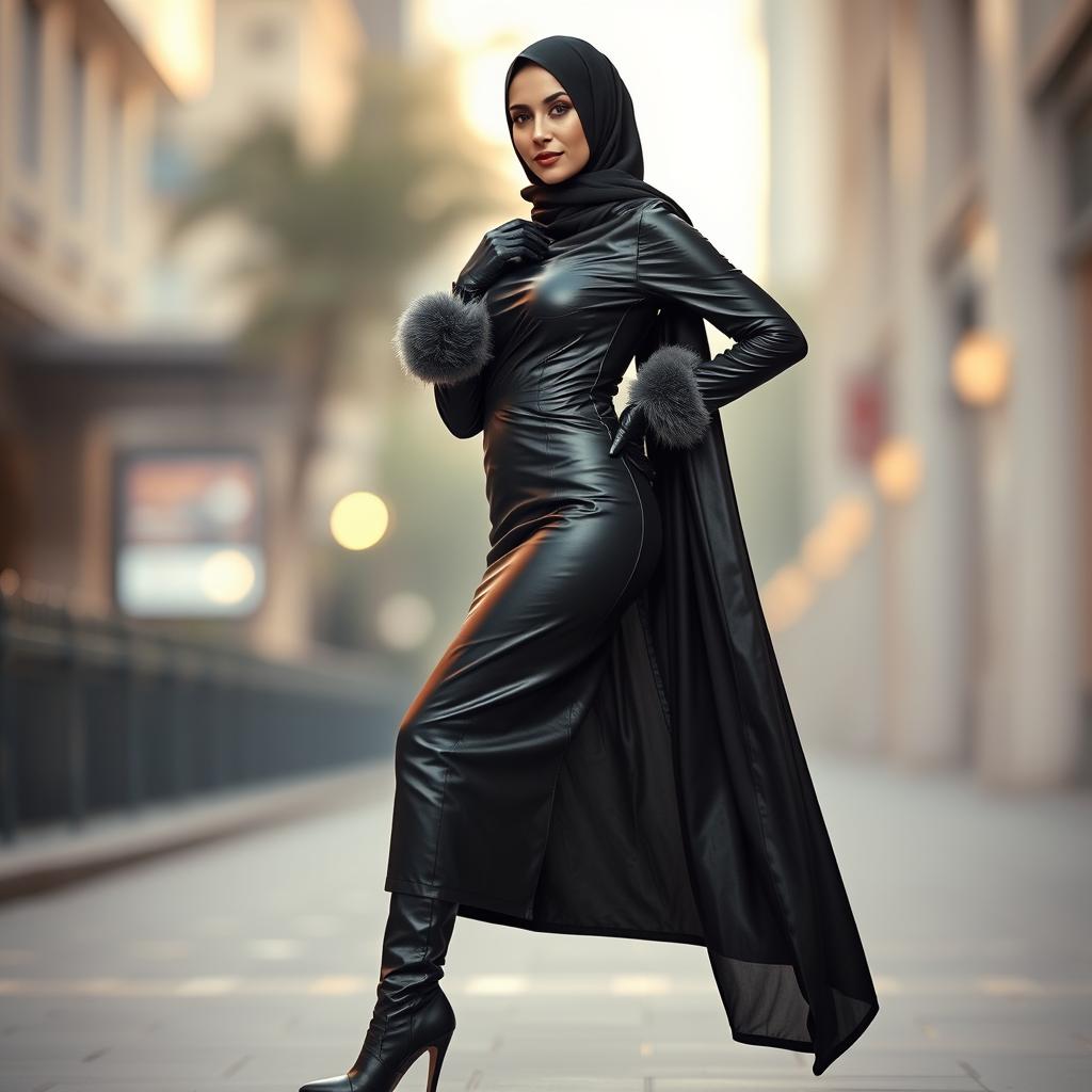 A beautiful woman adorned with elegant traditional attire and wearing a tight, glossy black leather abaya that highlights her figure