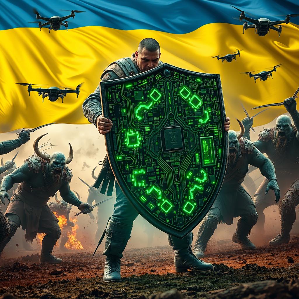 A heroic Ukrainian soldier stands strong, holding a massive shield made of computer motherboards and electronic circuits, blocking the attack of monstrous ogres and raging orcs reminiscent of 'The Lord of the Rings