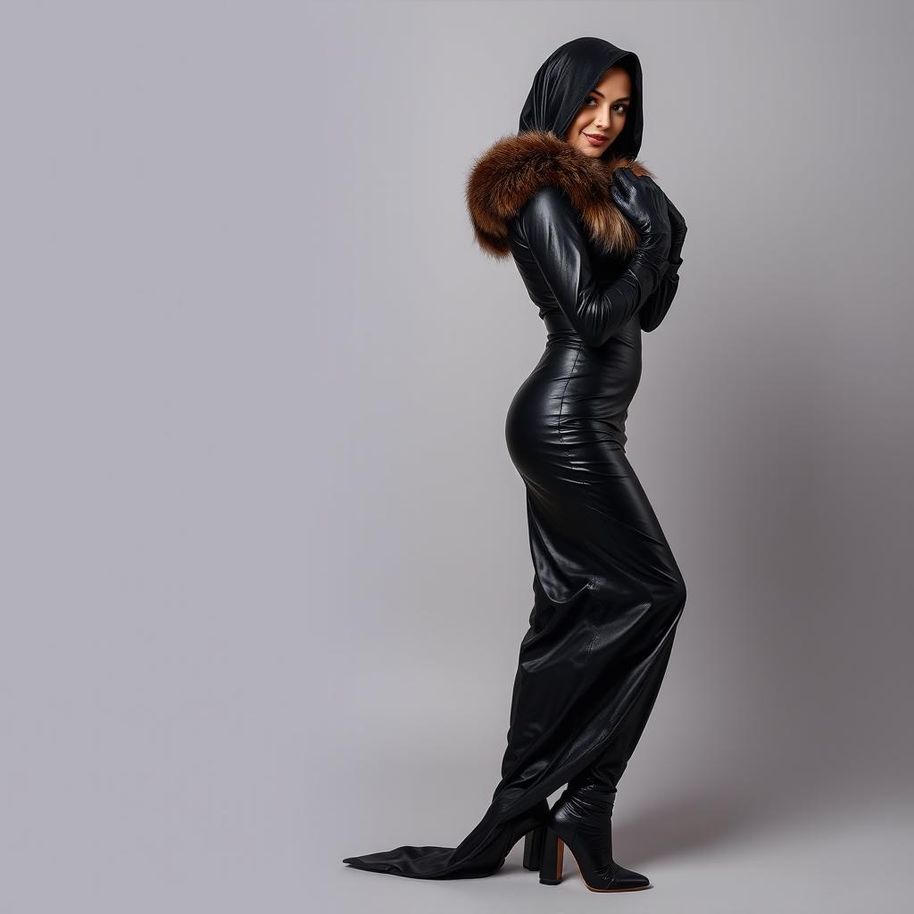 A beautiful woman adorned and veiled, wearing a very tight and shiny black leather abaya with a fur collar that reaches her knees