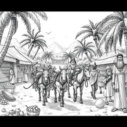 A detailed black and white drawing depicting a dwarven caravan of mules, featuring 8 dwarves, arriving in single file at a bustling marketplace within a thriving oasis to trade with Arab-like humans
