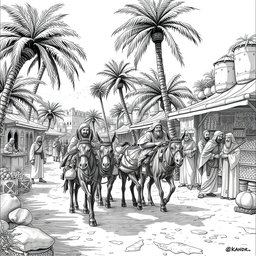 A detailed black and white drawing depicting a dwarven caravan of mules, featuring 8 dwarves, arriving in single file at a bustling marketplace within a thriving oasis to trade with Arab-like humans
