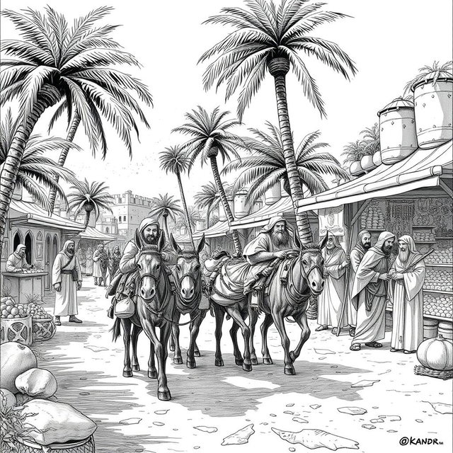 A detailed black and white drawing depicting a dwarven caravan of mules, featuring 8 dwarves, arriving in single file at a bustling marketplace within a thriving oasis to trade with Arab-like humans