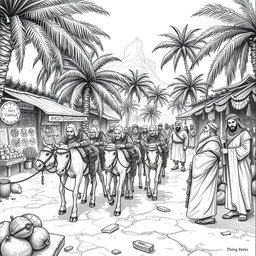 A detailed black and white drawing depicting a dwarven caravan of mules, featuring 8 dwarves, arriving in single file at a bustling marketplace within a thriving oasis to trade with Arab-like humans