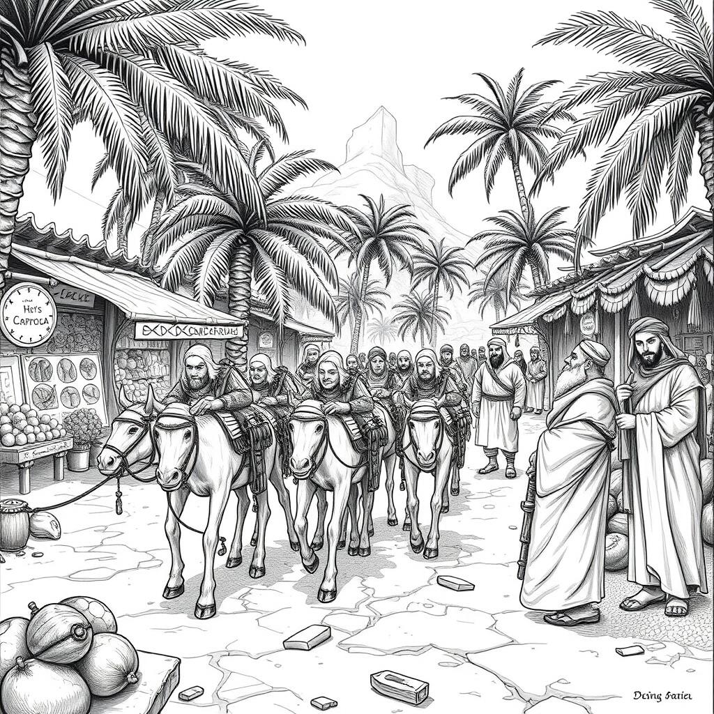 A detailed black and white drawing depicting a dwarven caravan of mules, featuring 8 dwarves, arriving in single file at a bustling marketplace within a thriving oasis to trade with Arab-like humans