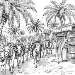 A detailed black and white drawing depicting a dwarven caravan of mules, featuring 8 dwarves, arriving in single file at a bustling marketplace within a thriving oasis to trade with Arab-like humans
