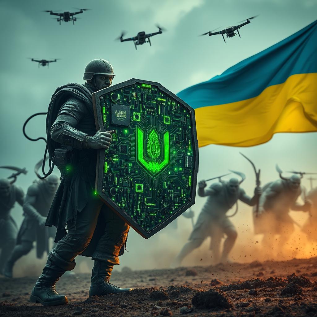 A heroic Ukrainian soldier stands strong, holding a massive shield made of computer motherboards and electronic circuits, blocking the attack of monstrous ogres and raging orcs reminiscent of 'The Lord of the Rings