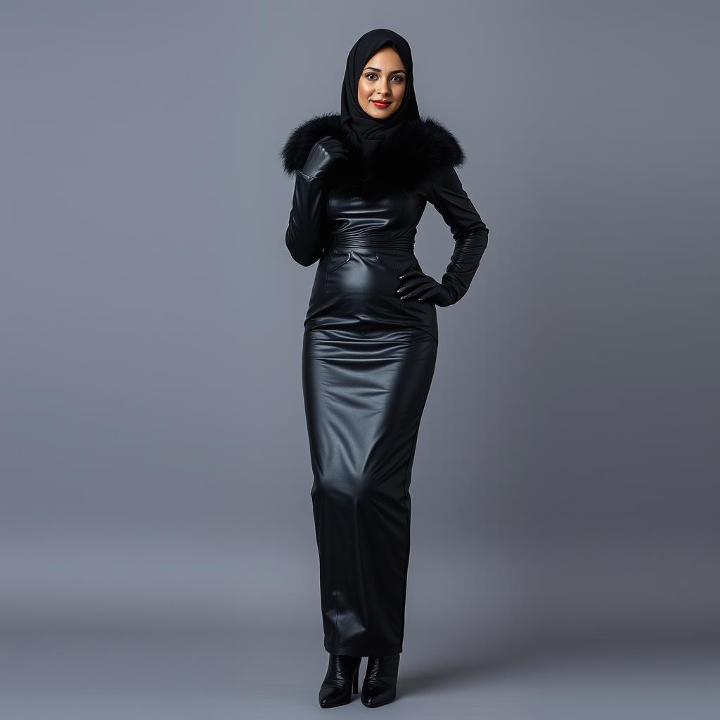 A beautiful woman wearing a stylish hijab, dressed in a tight, glossy black leather abaya that accentuates her curves