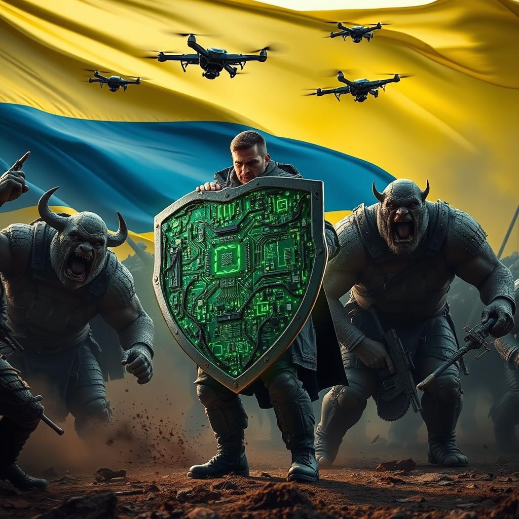 A heroic Ukrainian soldier stands strong, holding a massive shield made of computer motherboards and electronic circuits, blocking the attack of monstrous ogres and raging orcs reminiscent of 'The Lord of the Rings