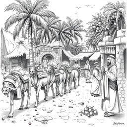 A striking black and white drawing illustrating a dwarven caravan of mules arriving in single file at a lively marketplace set in a thriving oasis, where 8 dwarves are preparing to trade with Arab-like humans