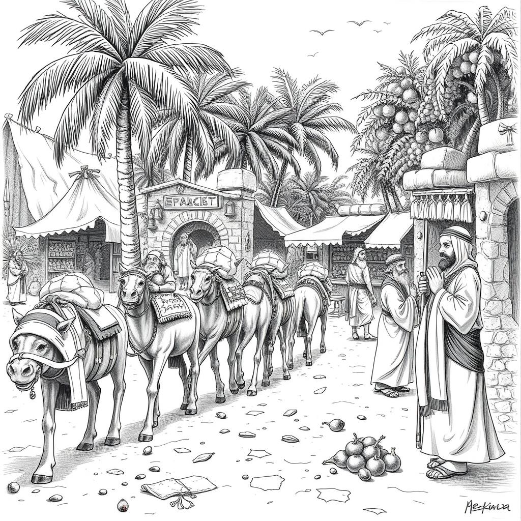 A striking black and white drawing illustrating a dwarven caravan of mules arriving in single file at a lively marketplace set in a thriving oasis, where 8 dwarves are preparing to trade with Arab-like humans