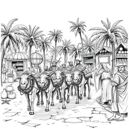 A striking black and white drawing illustrating a dwarven caravan of mules arriving in single file at a lively marketplace set in a thriving oasis, where 8 dwarves are preparing to trade with Arab-like humans