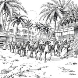 A striking black and white drawing illustrating a dwarven caravan of mules arriving in single file at a lively marketplace set in a thriving oasis, where 8 dwarves are preparing to trade with Arab-like humans