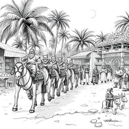 A striking black and white drawing illustrating a dwarven caravan of mules arriving in single file at a lively marketplace set in a thriving oasis, where 8 dwarves are preparing to trade with Arab-like humans