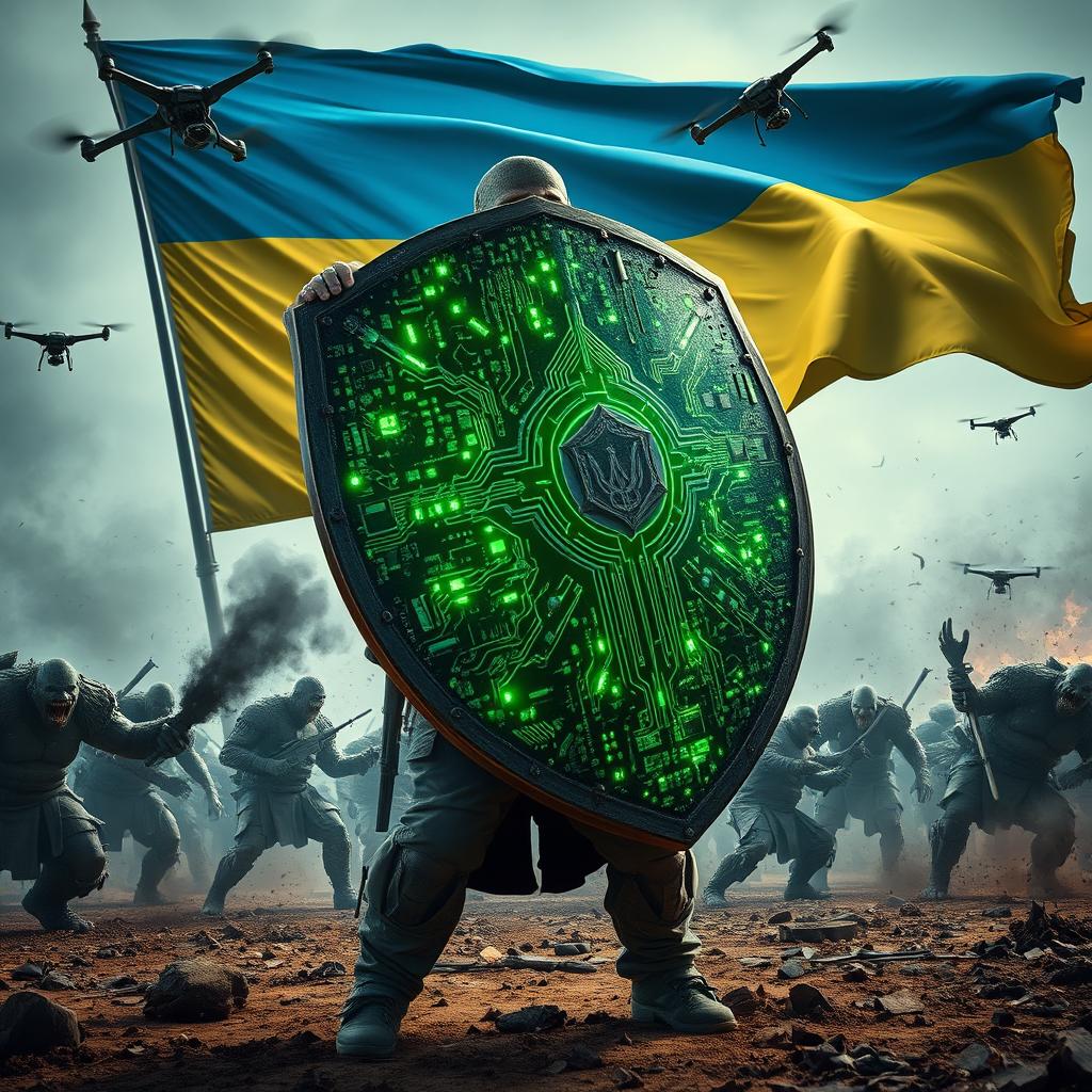 A heroic Ukrainian soldier stands strong, holding a massive shield made of computer motherboards and electronic circuits, blocking the attack of monstrous ogres and raging orcs reminiscent of 'The Lord of the Rings