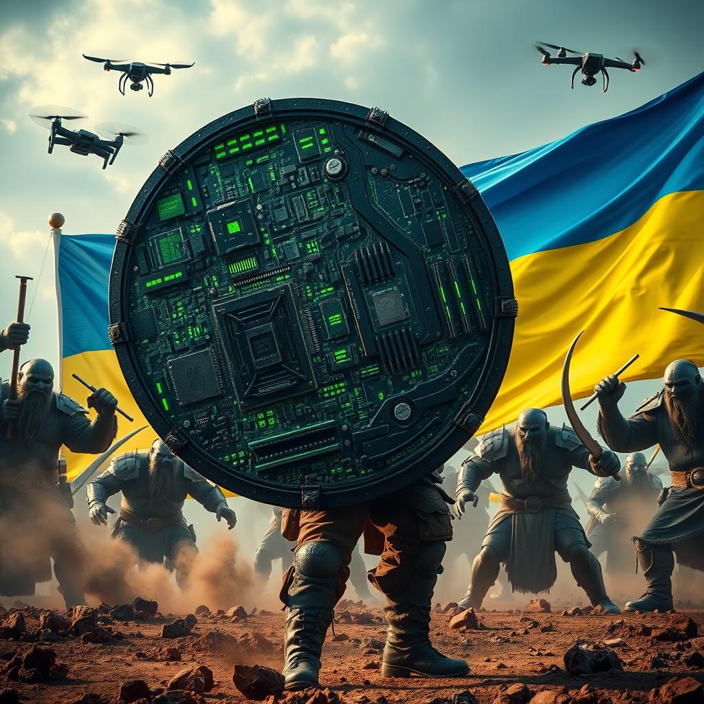 A heroic Ukrainian soldier stands strong, holding a massive shield made of computer motherboards and electronic circuits, effectively blocking the attack of monstrous ogres and raging orcs reminiscent of 'The Lord of the Rings
