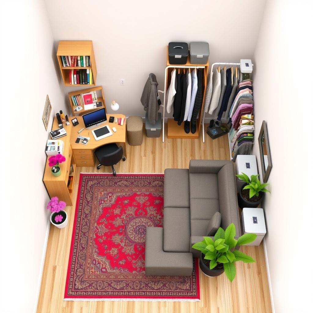 A cozy design of a 5x4 room featuring a beautiful Persian carpet on the floor