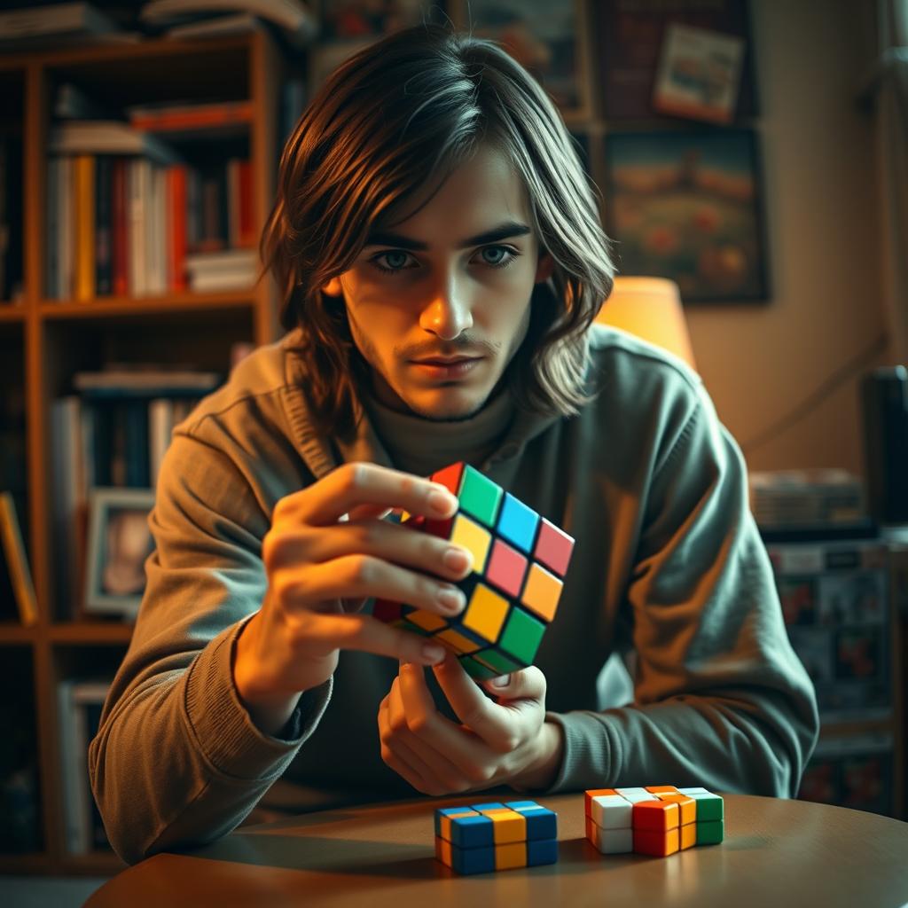 A portrait of a person (resembling the user) intensely focused while solving a Rubik's Cube