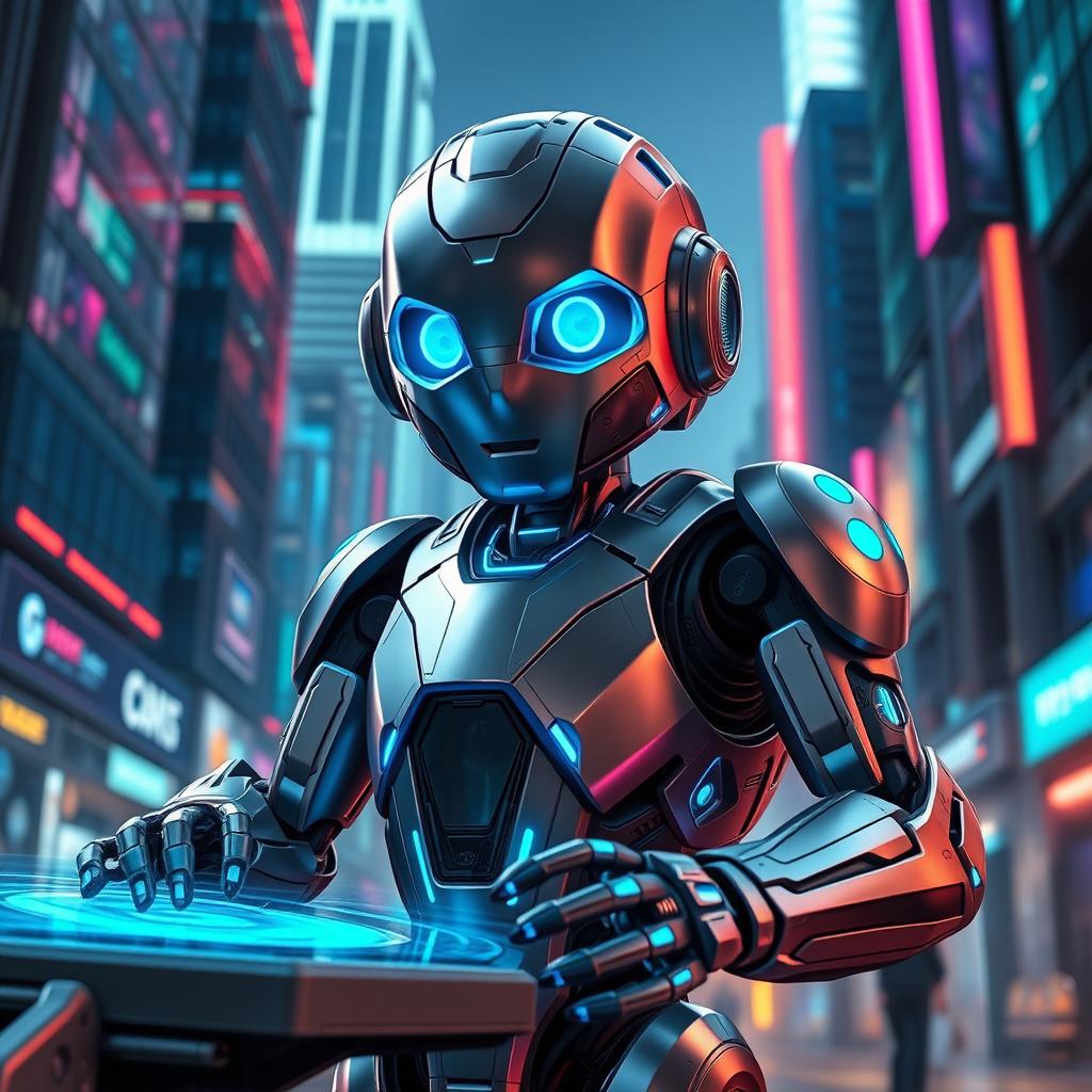 A futuristic robot named Robik, featuring a sleek metallic body with blue glowing accents, expressive digital eyes, and articulated limbs