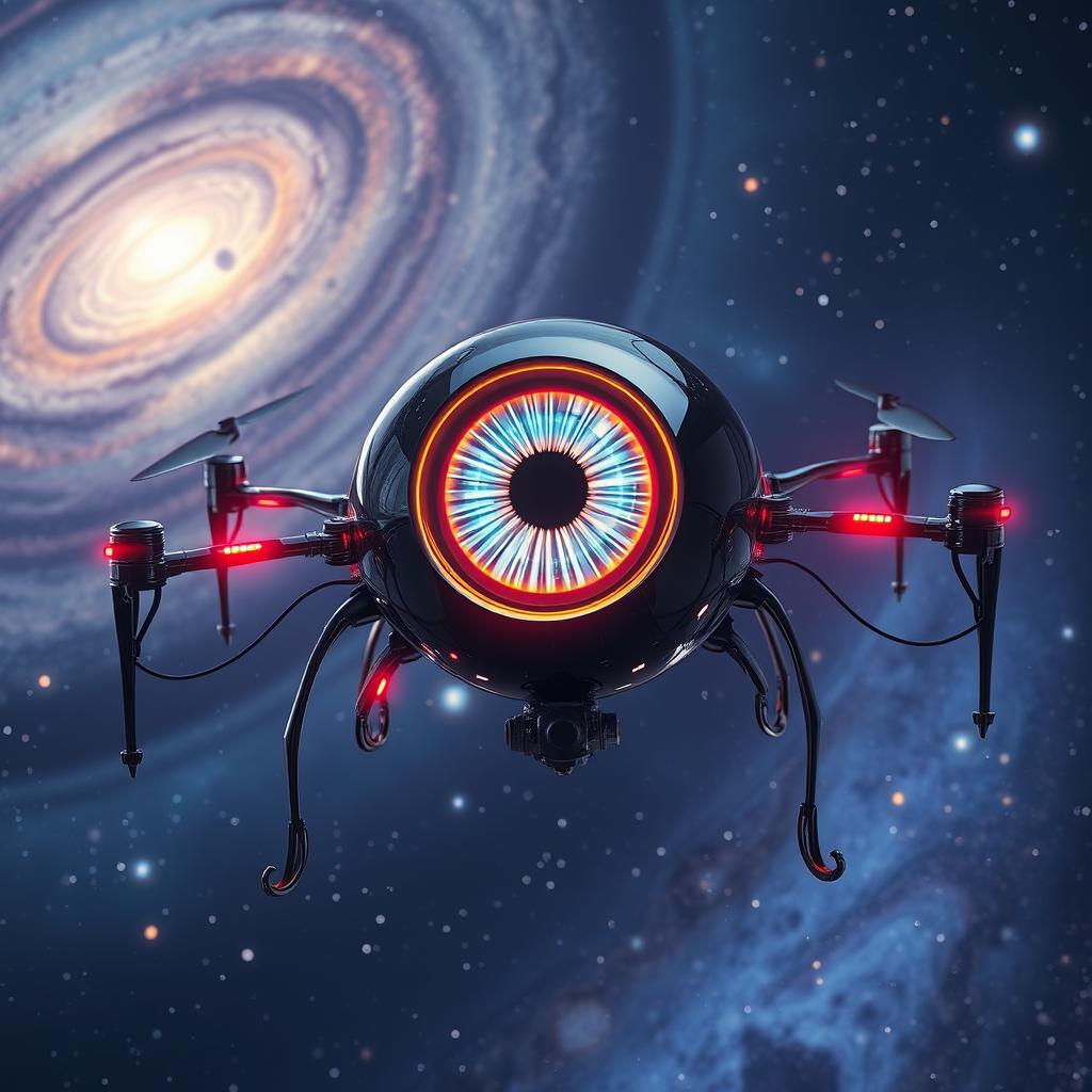 A futuristic space drone resembling a large eye, with intricate wiring extending from its sides resembling legs, floating in a cosmic setting