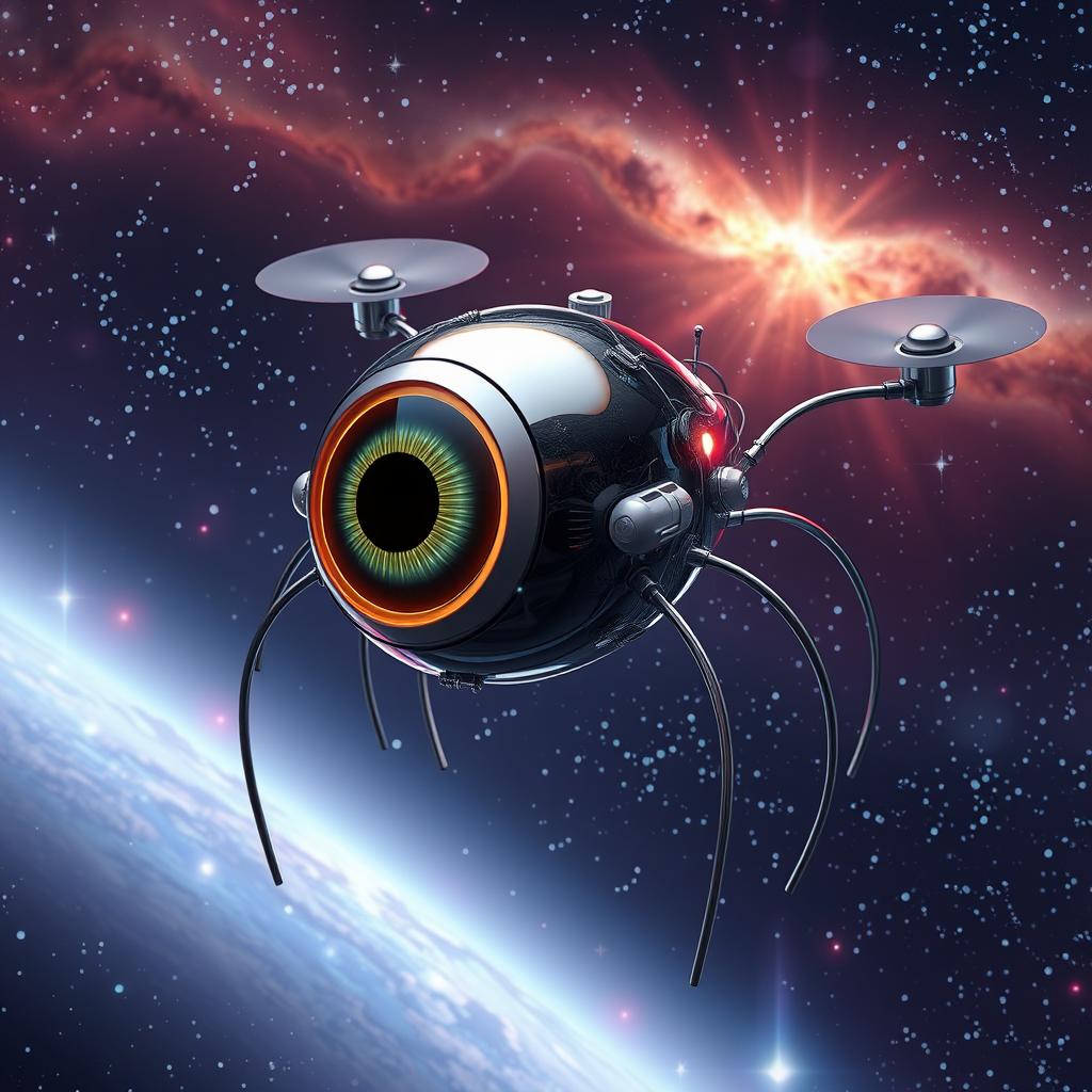 A futuristic space drone designed to resemble a large, captivating eye, with wires extending from its sides that mimic legs