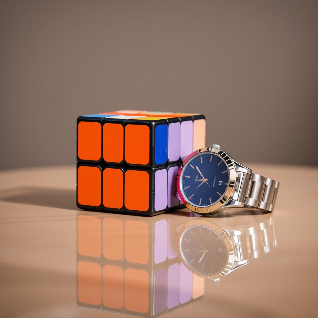 A beautifully completed 3x3 Rubik's Cube sitting on an elegant table, accompanied by a stylish watch displaying a time of under one minute