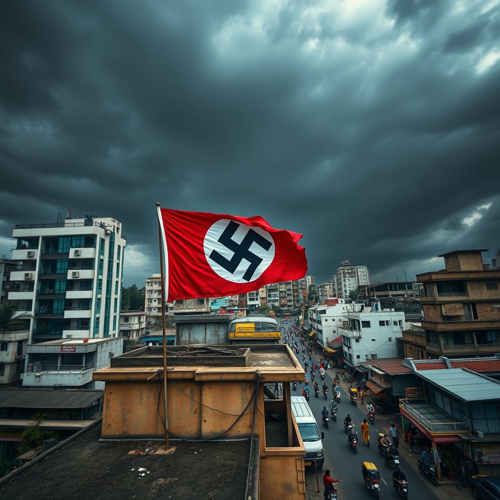 A dramatic and powerful urban scene showcasing the cityscape of Dhaka with a dark, brooding sky