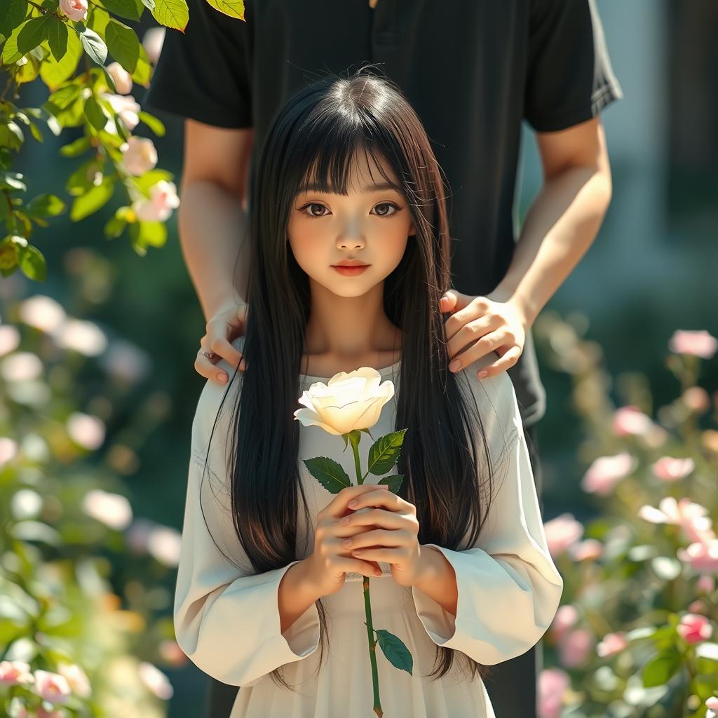 A girl with long black hair standing in the foreground, holding a white rose delicately in her hands