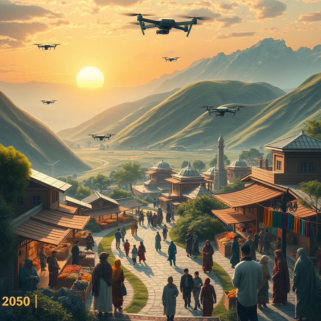 A futuristic vision of Afghanistan in the year 2050, showcasing an advanced and harmonious society