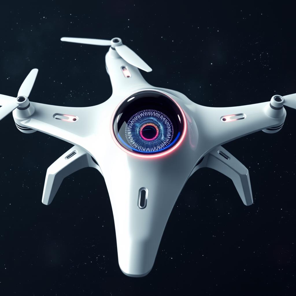 A futuristic white space drone designed to resemble a large, advanced eye, showcasing cutting-edge technology