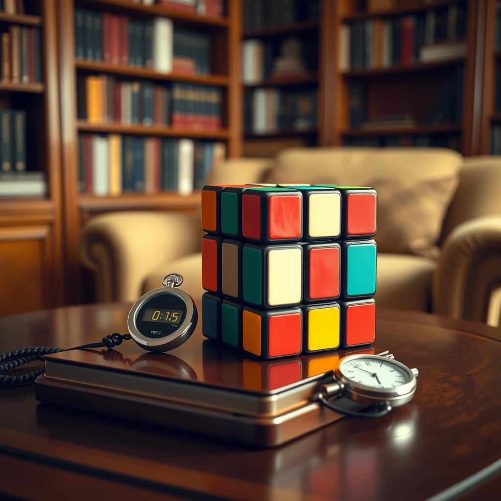 A stylish three by three Rubik's cube placed on an elegant table, with a cozy home library in the background