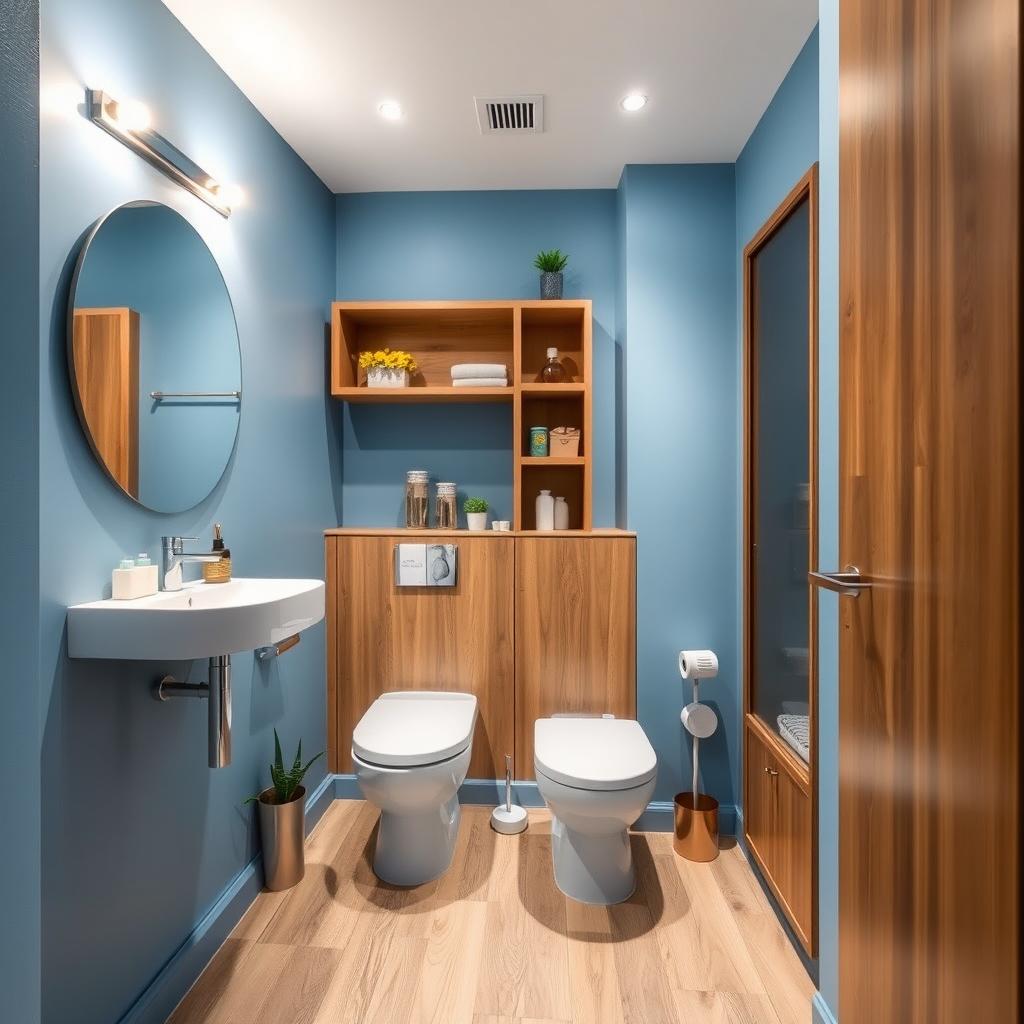 A beautifully remodeled bathroom featuring two stylish toilets in a compact space measuring 1