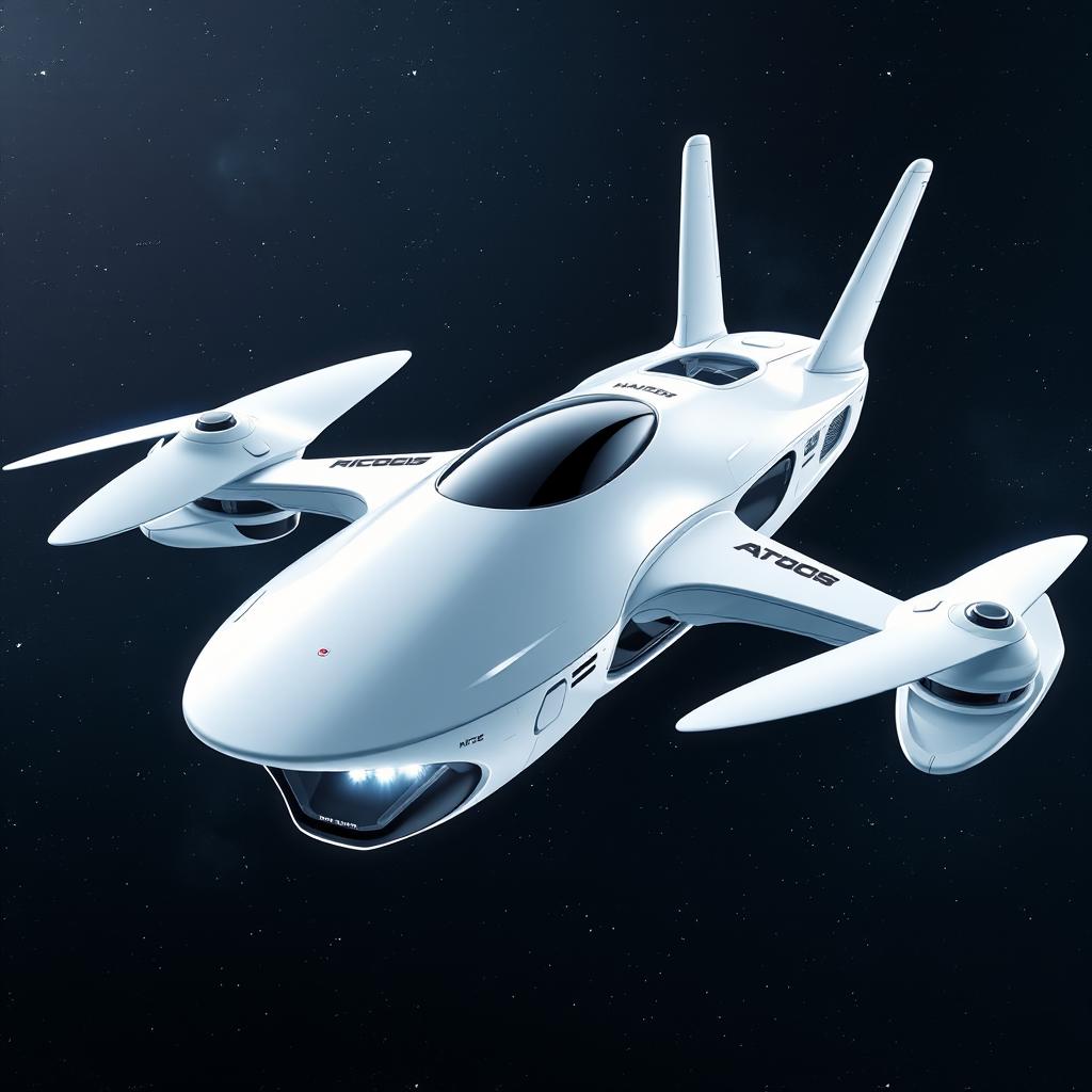 A white futuristic space drone that showcases advanced technology, designed with a sleek, modern aesthetic